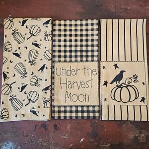 VHC Brands Primitive Harvest Moon Kitchen Towel Set 3pc Black Tan NEW